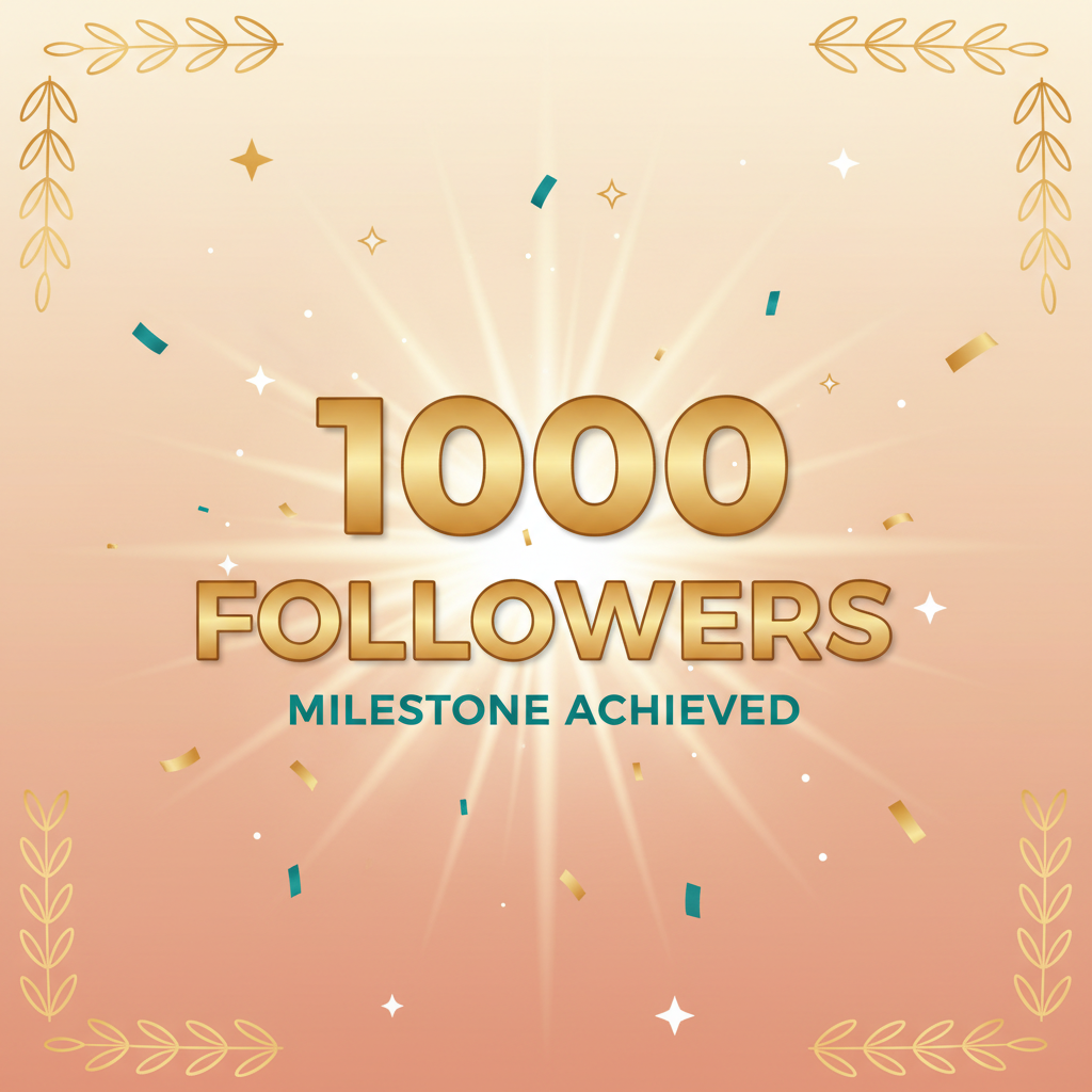 1000 followers milestone achieved graphic celebrating Instagram presence growth with gold text and confetti on peach background