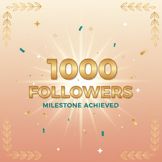 1000 followers milestone achieved graphic celebrating Instagram presence growth with gold text and confetti on peach background