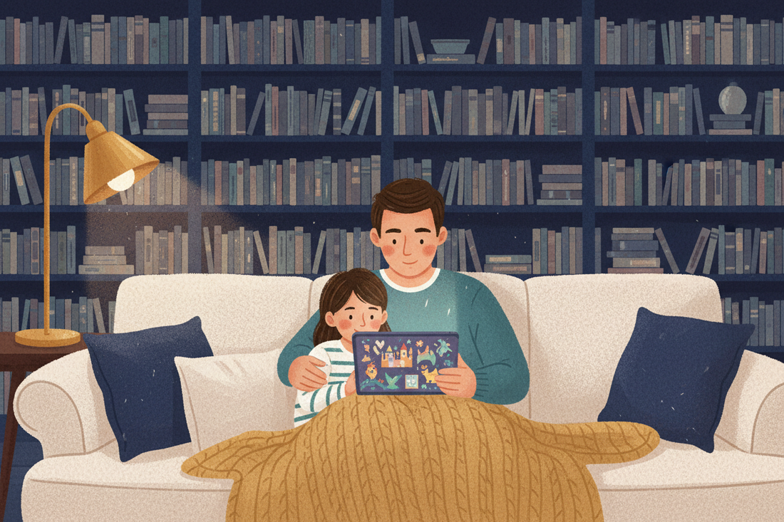 A parent and child reading an e-book together on a tablet, building a daily reading habit