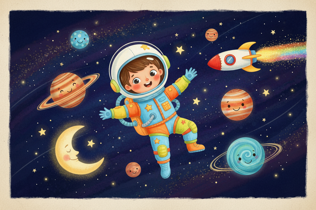 A cheerful child astronaut in a colorful spacesuit floats through a starry night sky surrounded by smiling planets including Saturn and Jupiter, a glowing crescent moon, and a rainbow rocket ship zooming past