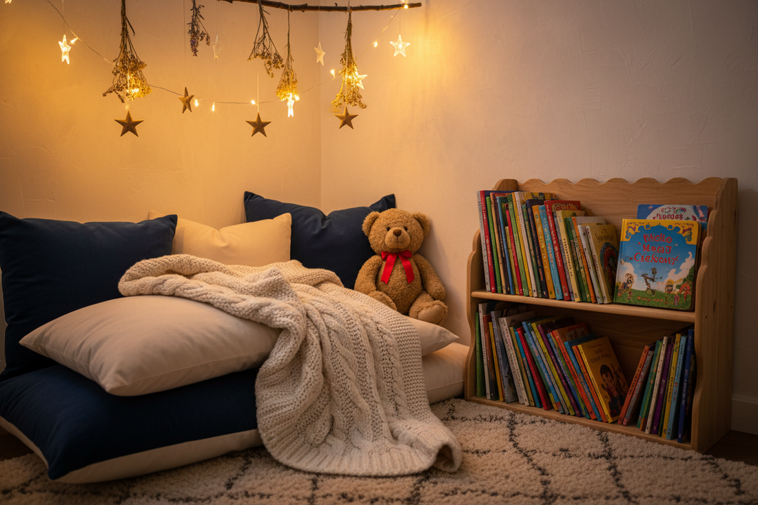 A cozy kids reading nook with colorful books for ages 2 to 12 including picture books, early readers, and middle grade adventures