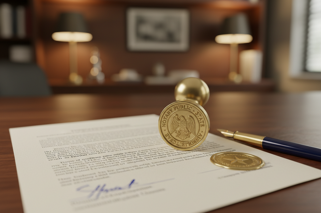 Notary public seal and fountain pen resting on a signed legal document