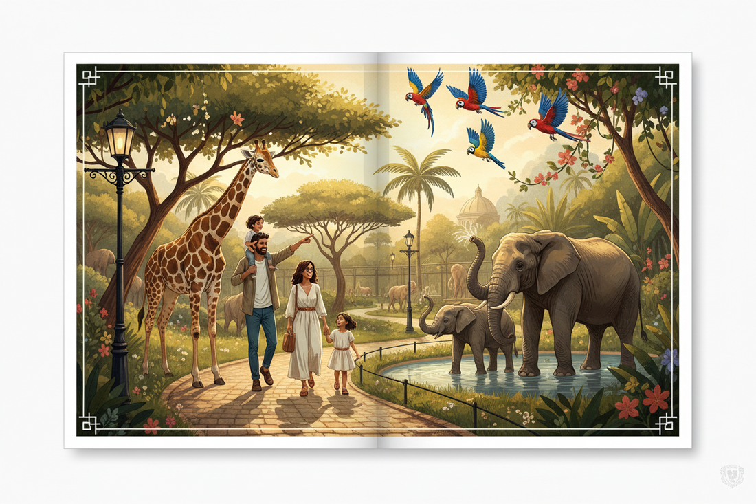 A illustrated children's book scene of a family — dad with a child on his shoulders, mom, and a young daughter — walking along a sunlit zoo path beside a tall giraffe, with colorful parrots flying overhead and elephants splashing in a pond nearby