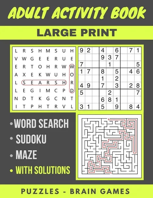 Adult Activity Book: Sudoku Easy To Hard, Word Search And Maze With Solutions, Brain Games, Puzzles Activity Book, Gift - Paperback