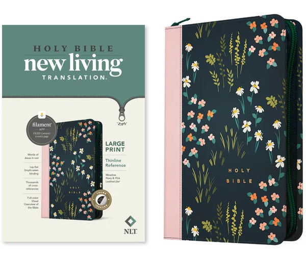 NLT Large Print Thinline Reference Zipper Bible, Filament Enabled (Leatherlike, Meadow Navy & Pink, Indexed, Red Letter) - Imitation Leather