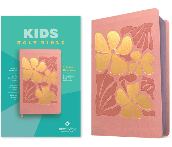 NLT Kids Bible, Thinline Reference Edition (Leatherlike, Tropical Flowers Dusty Pink, Red Letter) - Imitation Leather