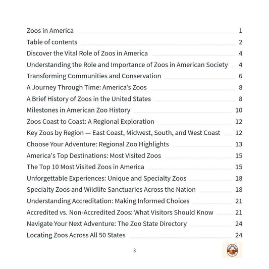 Table of contents page for Zoos in America book showing chapters on zoo roles, history, regions, and visitor information