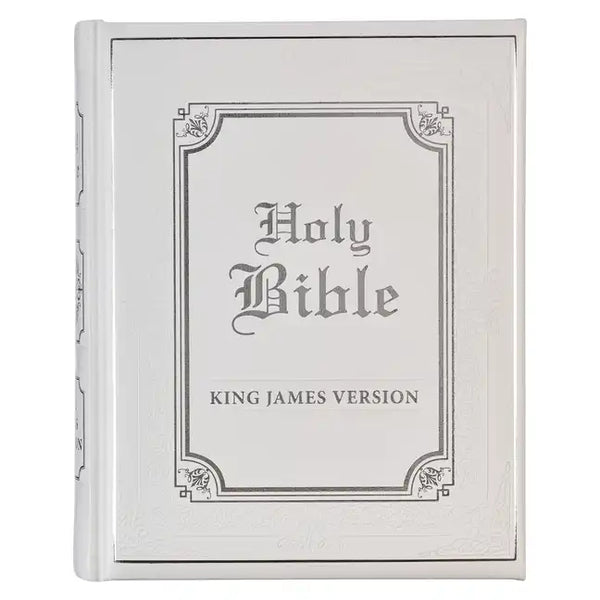 KJV Holy Bible, Classically Illustrated Heirloom Family Bible, Faux Leather Hardcover - Ribbon Markers, King James Version, White/Silver - Leather