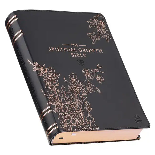 The Spiritual Growth Bible, Study Bible, NLT - New Living Translation Holy Bible, Faux Leather, Black Rose Gold Debossed Floral - Leather