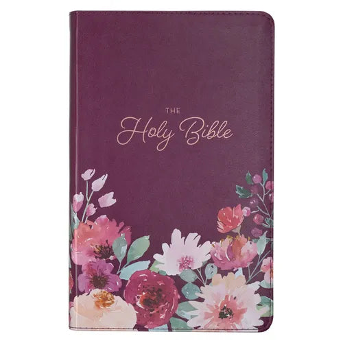 KJV Holy Bible, Giant Print Standard Size Faux Leather Red Letter Edition - Thumb Index & Ribbon Marker, King James Version, Printed Purple Floral - Leather