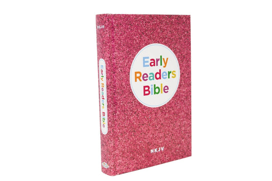 NKJV Early Readers Bible with shiny pink foil cover, large-print text, and colorful study aids for kids ages 7 to 10