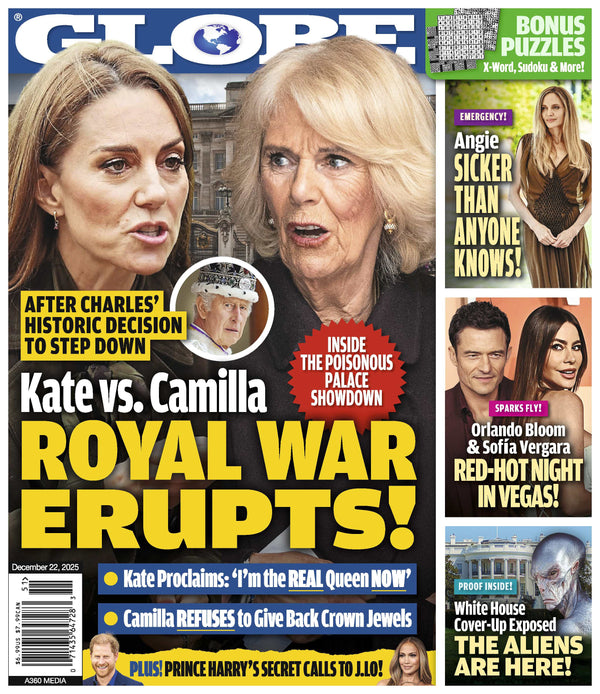Globe - 12.22.25: Royal War Erupts Between Kate & Camila, Angelina Jolie’s Hidden Health Battle, Orlando Bloom & Sofia Vergara’s Vegas Date, Shocking White House Alien Cover-Up Allegations & More!