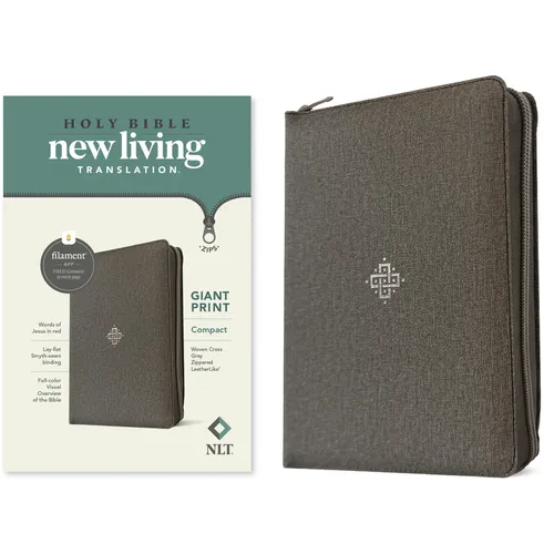 NLT Compact Giant Print Zipper Bible, Filament Enabled (Leatherlike, Woven Cross Gray, Red Letter) - Imitation Leather