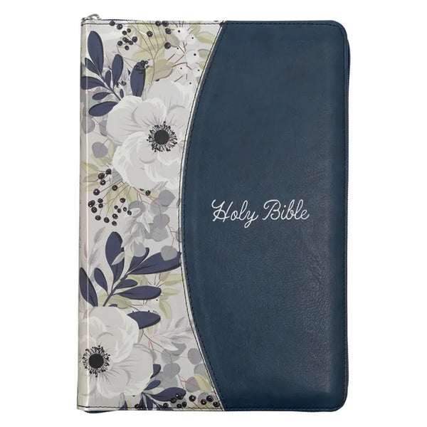 KJV Holy Bible, Thinline Large Print Faux Leather Red Letter Edition Thumb Index Ribbon Marker, King James Version, Blue Printed Floral, Zipper Closur - Leather
