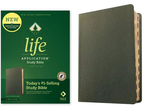 NLT Life Application Study Bible, Third Edition (Genuine Leather, Olive Green, Indexed, Red Letter) - Leather