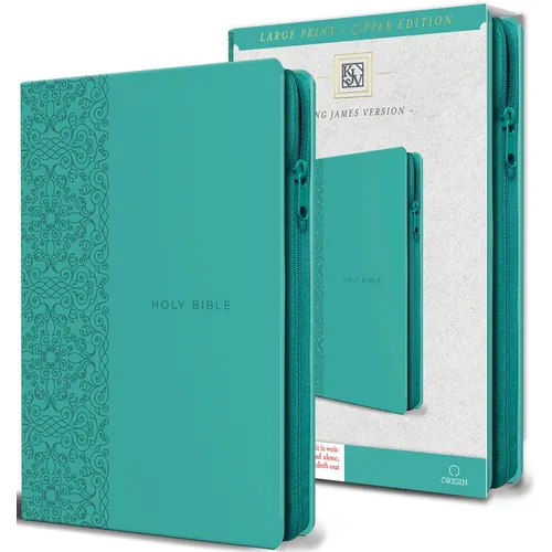 King James Version (Kjv) Holy Bible Large Print, Handy Size, Aquamarine Premium Imitation Leather Cover with Zipper, Red Letter Edition, Ribbon Marker - Bonded Leather